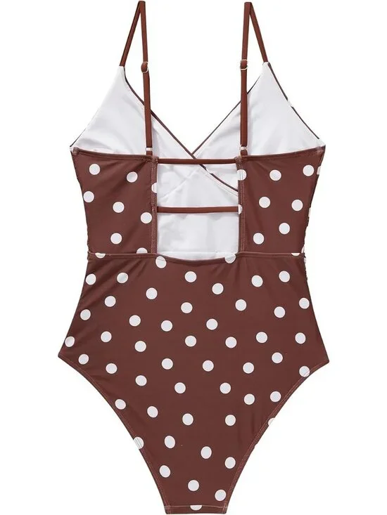 Large Brown Polka Dot Wrap Tummy Control Push Up Cutout Swimsuit NWOT - Picture 3 of 3